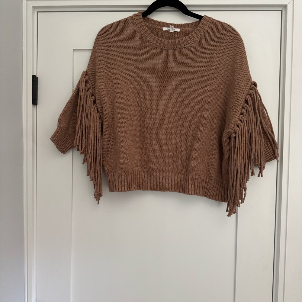 Splendid Camel Fringe Crew Neck Sweater